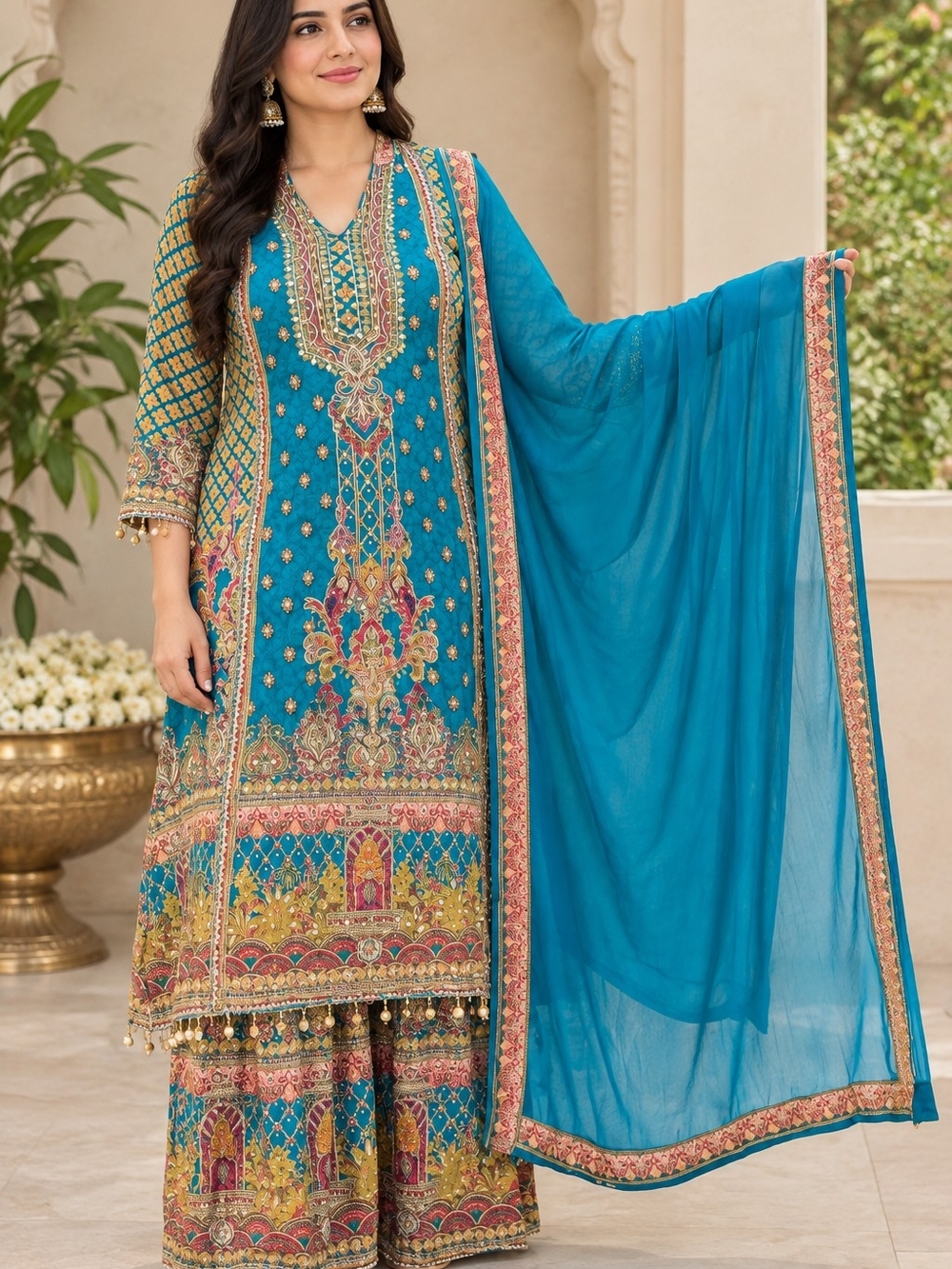 Embroidered Teal Womens Palazzo Set with Dupatta